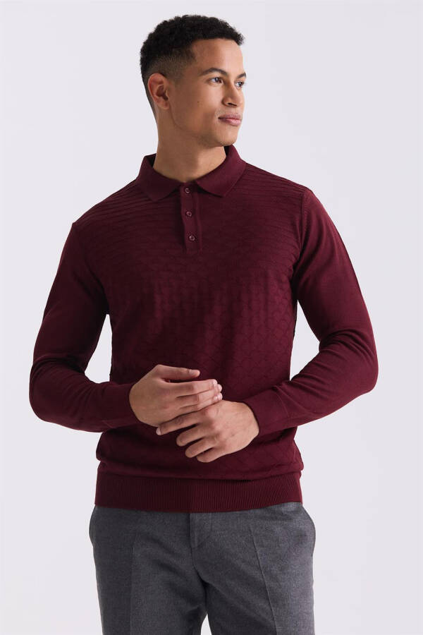 Bordo Klasik Fit Desenli Polo Yaka Triko - 1