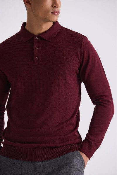 Bordo Klasik Fit Desenli Polo Yaka Triko - 3