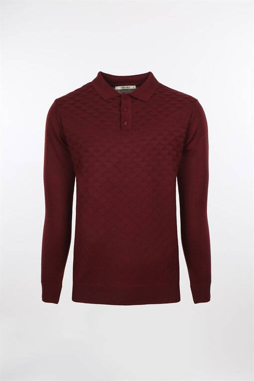 Bordo Klasik Fit Desenli Polo Yaka Triko - 5