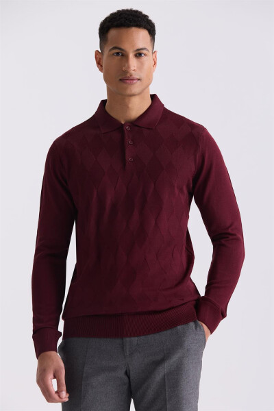 Bordo Klasik Fit Desenli Polo Yaka Triko Kazak - 1