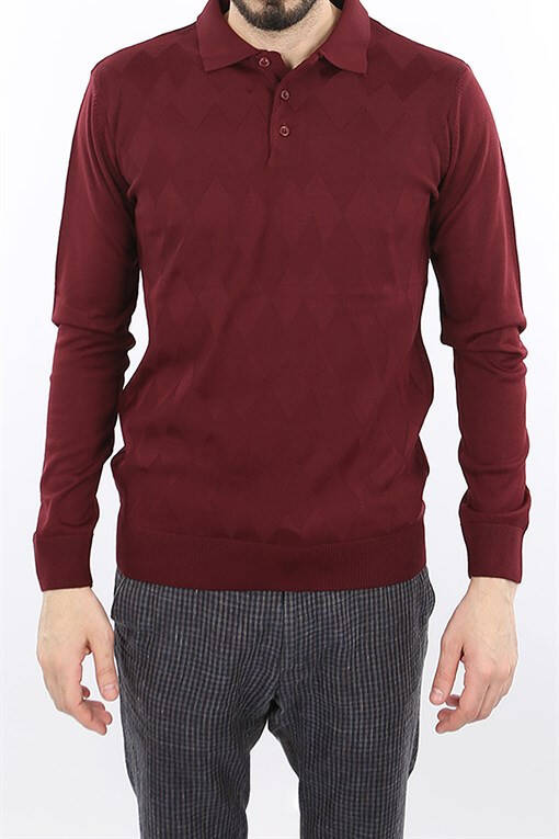 Bordo Klasik Fit Desenli Polo Yaka Triko Kazak - 5