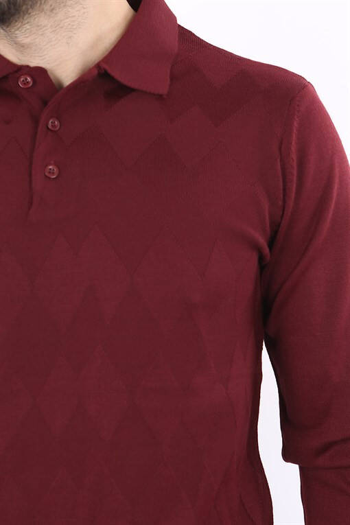 Bordo Klasik Fit Desenli Polo Yaka Triko Kazak - 6