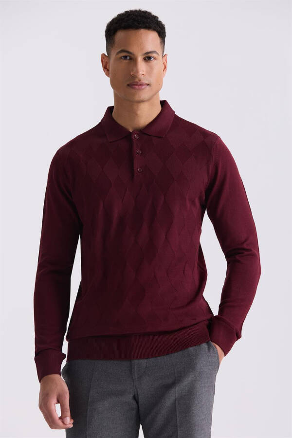 Bordo Klassik Fit Naqshli Polo Yoqali Triko Ko'ylagi - 1