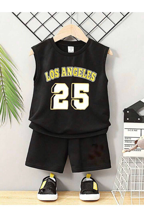 Boys Black Los Angeles 25 Printed Sleeveless Shorts-T-shirt Set - 1