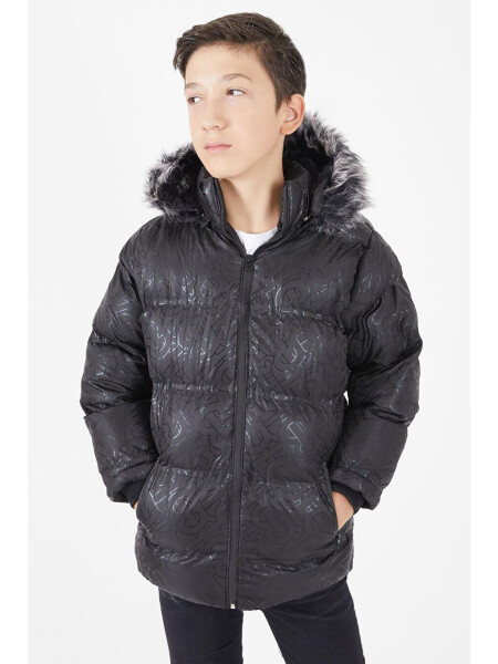 Boys' Black Puffy Jacket with Black Fur 15480 - 6