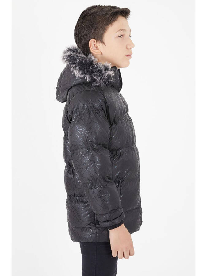 Boys' Black Puffy Jacket with Black Fur 15480 - 7