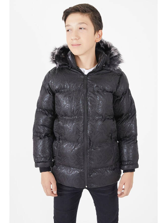 Boys' Black Puffy Jacket with Black Fur 15480 - 8