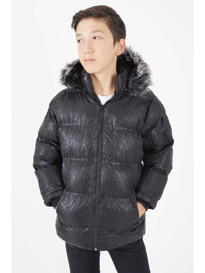 Boys' Black Puffy Jacket with Black Fur 15480 - 1