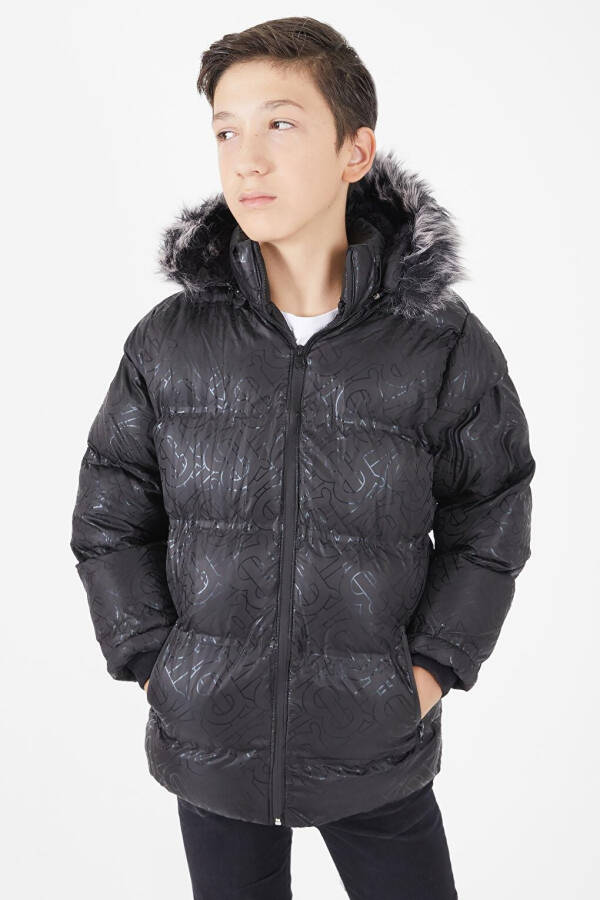 Boys' Black Puffy Jacket with Black Fur 15480 - 11