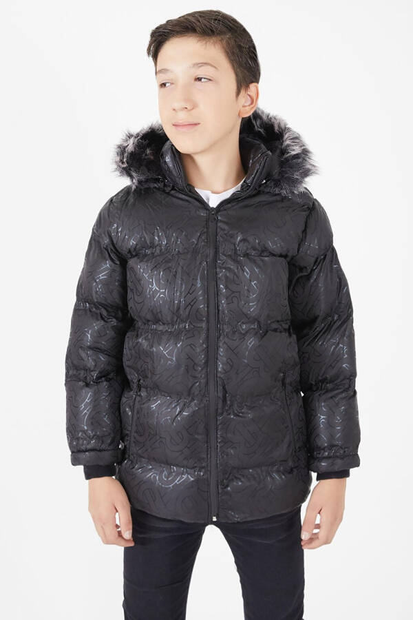 Boys' Black Puffy Jacket with Black Fur 15480 - 13