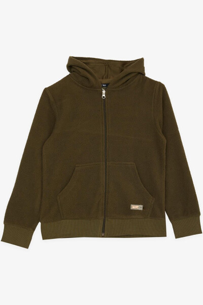 Boys Fleece Hoodie with Zipper and Hood, Khaki Green (8-14 Years) - 6