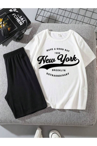 Boys-Girls White New York Printed T-Shirt-Shorts Set - 1