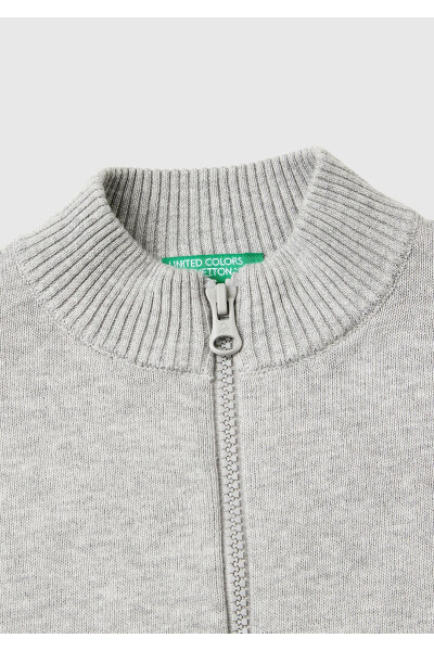 Boys' Grey Melange Ribbed Hem Logo Detail Zip-Up Stand Collar Sweatshirt - 3