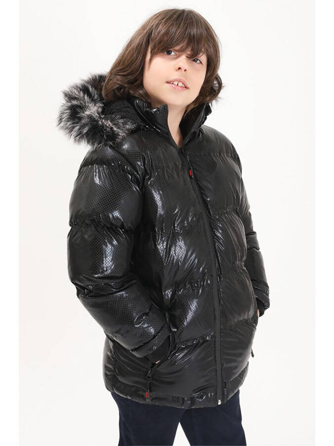 Boys' Hexagon Pattern Black Puffer Jacket 15492 - 6