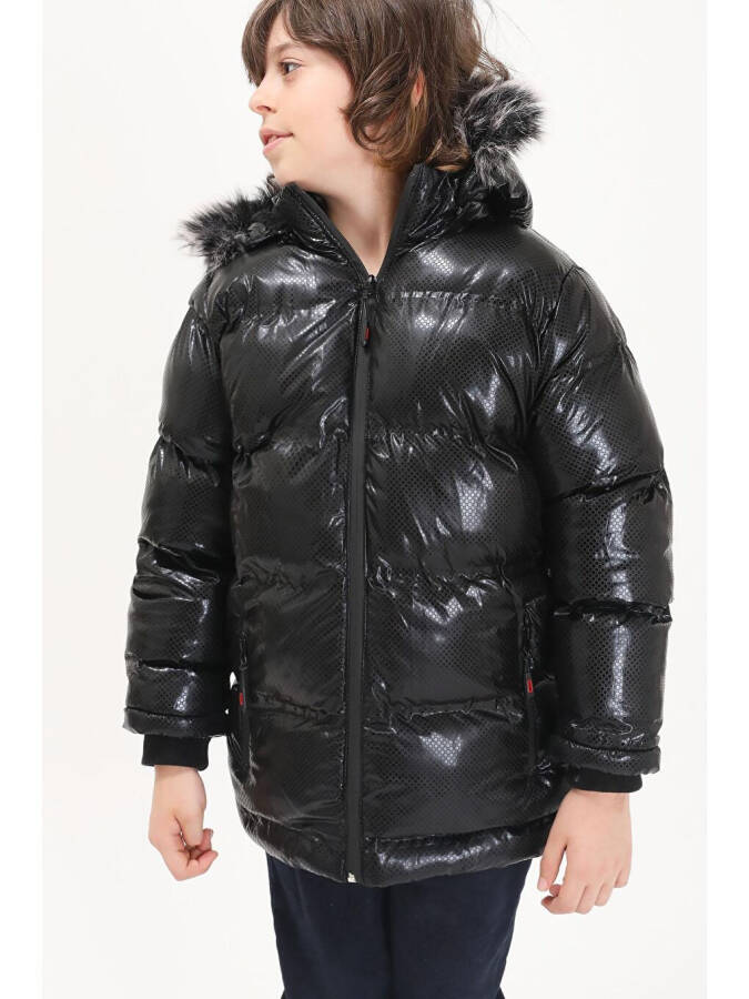 Boys' Hexagon Pattern Black Puffer Jacket 15492 - 7