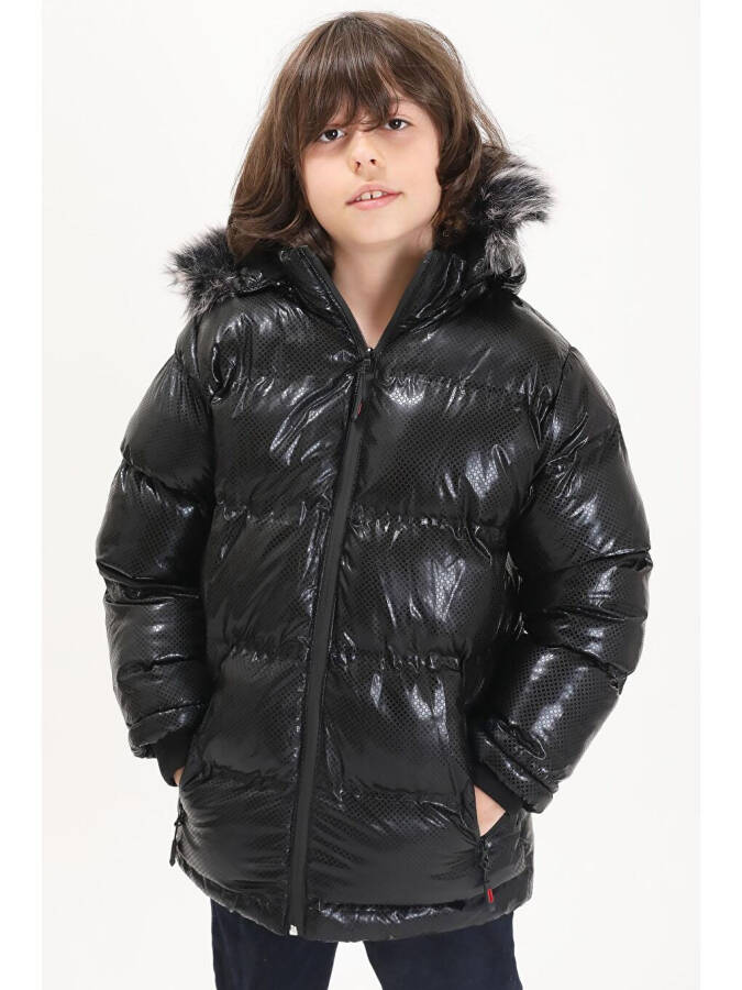 Boys' Hexagon Pattern Black Puffer Jacket 15492 - 3