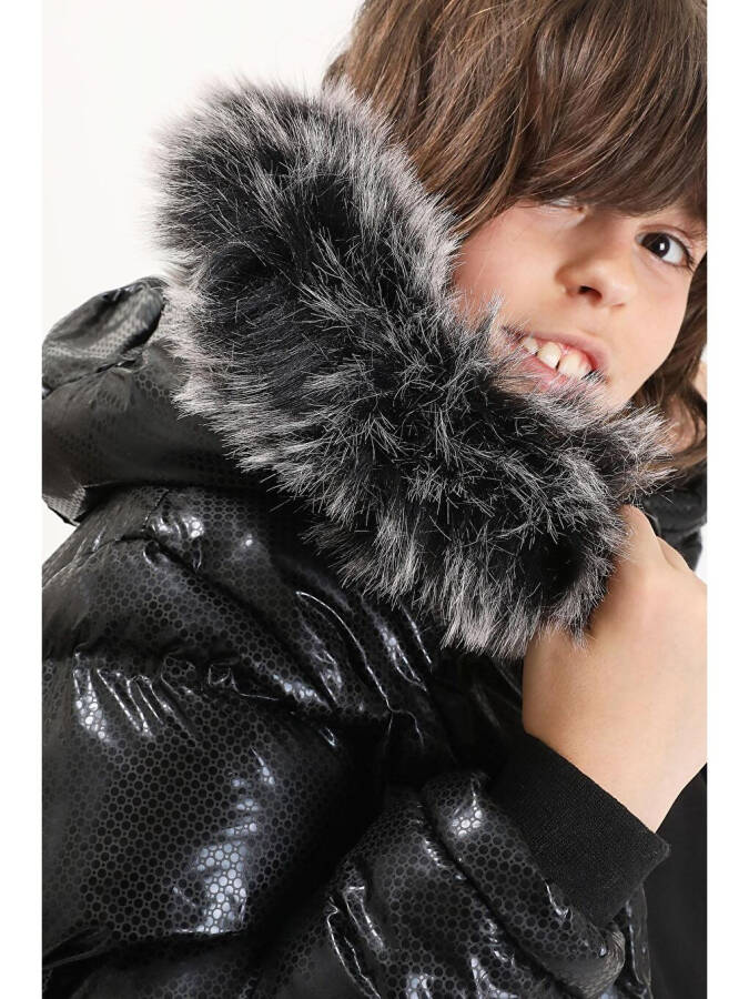 Boys' Hexagon Pattern Black Puffer Jacket 15492 - 4