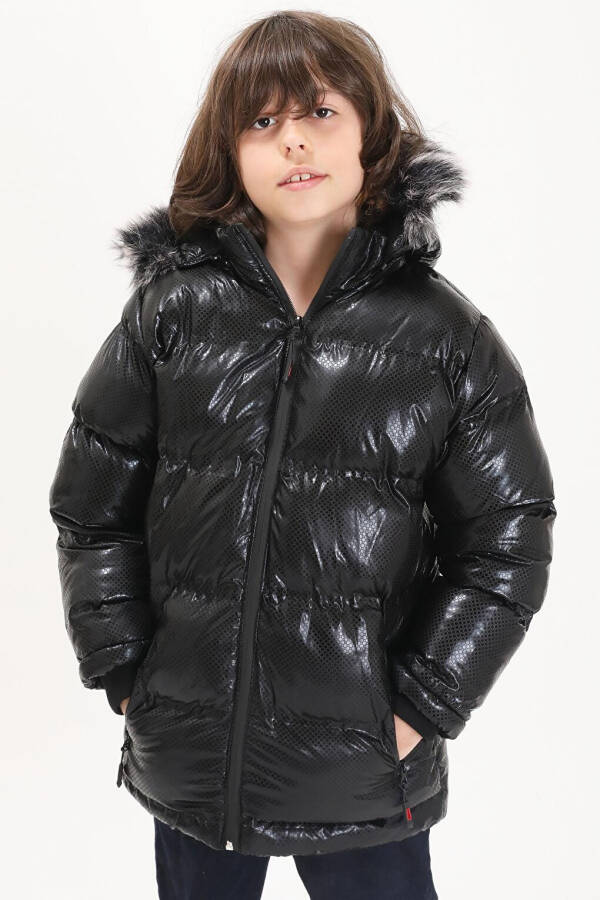 Boys' Hexagon Pattern Black Puffer Jacket 15492 - 3