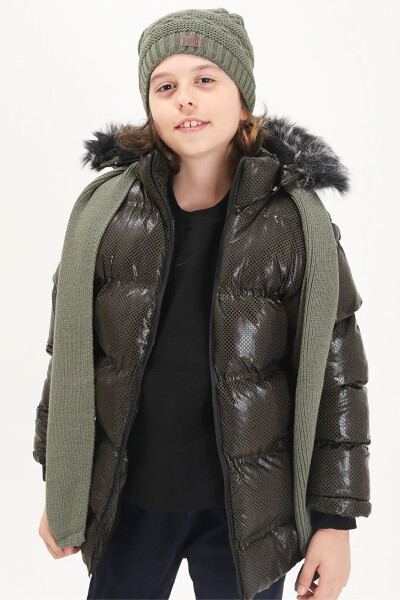 Boys' Hexagon Patterned Green Puffer Jacket 15589 - 11