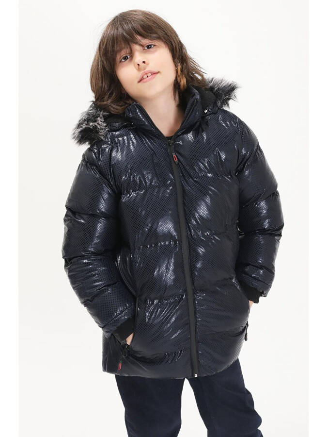 Boys' Hexagon Patterned Navy Blue Puffer Jacket 15590 - 9