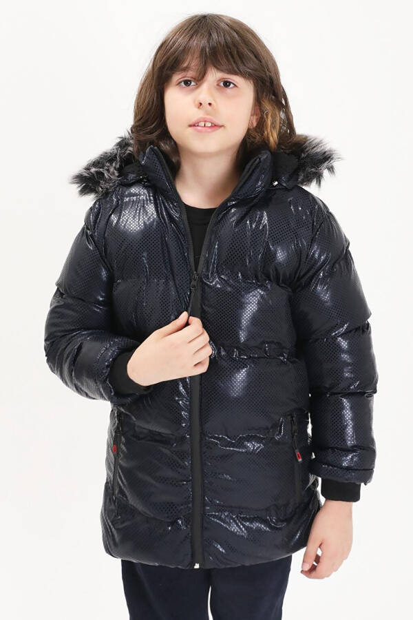 Boys' Hexagon Patterned Navy Blue Puffer Jacket 15590 - 11