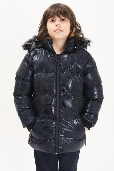 Boys' Hexagon Patterned Navy Blue Puffer Jacket 15590 - 12