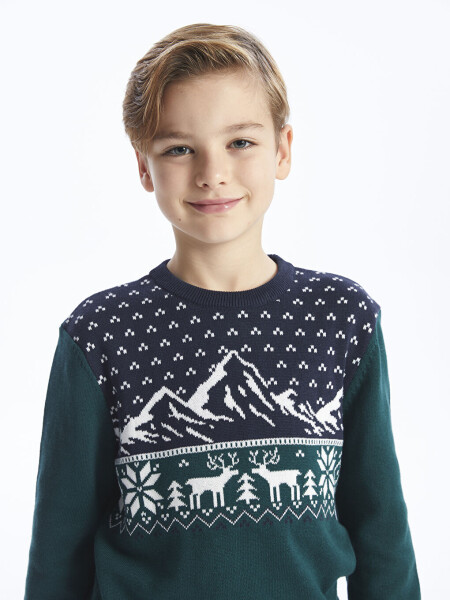 Boy's Knit Sweater with Bike Pattern, Comfortable Fit and Crew Neck - 1