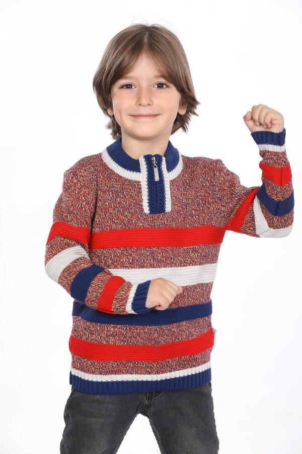 Boys' knitted sweater, regular fit, mandarin collar, zippered. - 1