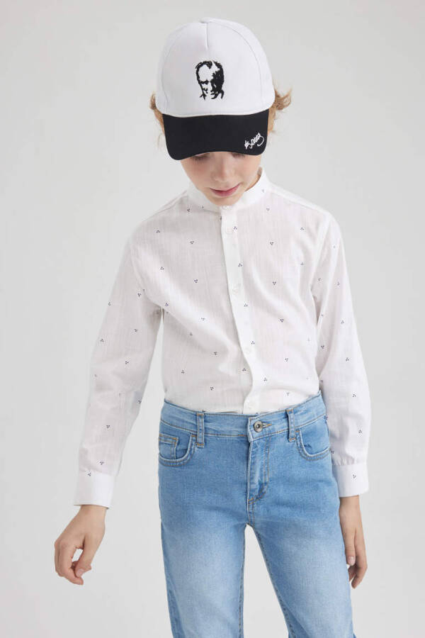 Boys' Linen Look Printed Long Sleeve White Shirt - 1