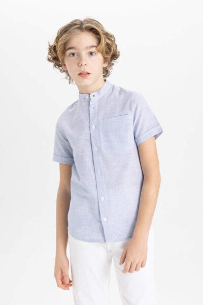 Boys' Linen Look Short Sleeve Shirt with Stand-up Collar Light Blue - 1