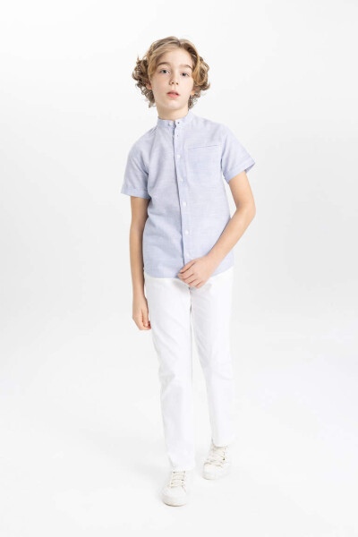 Boys' Linen Look Short Sleeve Shirt with Stand-up Collar Light Blue - 2