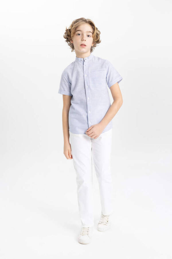 Boys' Linen Look Short Sleeve Shirt with Stand-up Collar Light Blue - 2