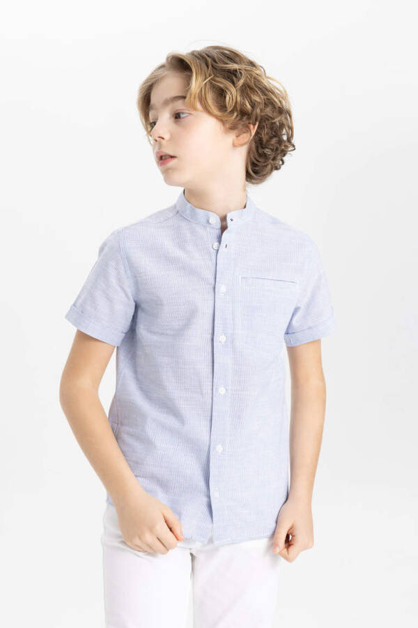 Boys' Linen Look Short Sleeve Shirt with Stand-up Collar Light Blue - 3