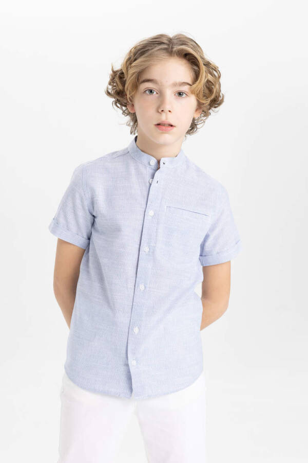 Boys' Linen Look Short Sleeve Shirt with Stand-up Collar Light Blue - 4