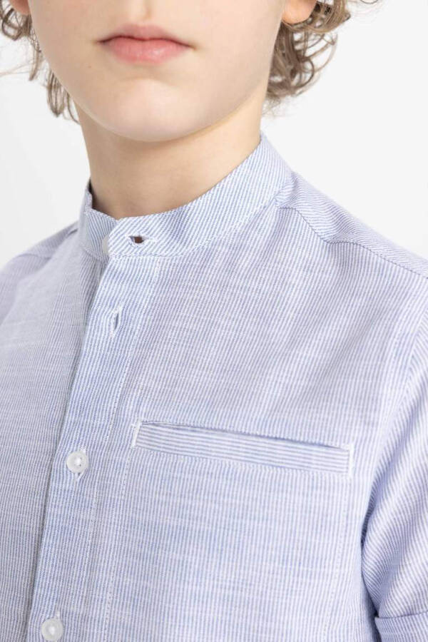 Boys' Linen Look Short Sleeve Shirt with Stand-up Collar Light Blue - 5