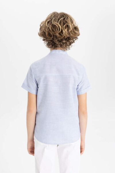 Boys' Linen Look Short Sleeve Shirt with Stand-up Collar Light Blue - 6