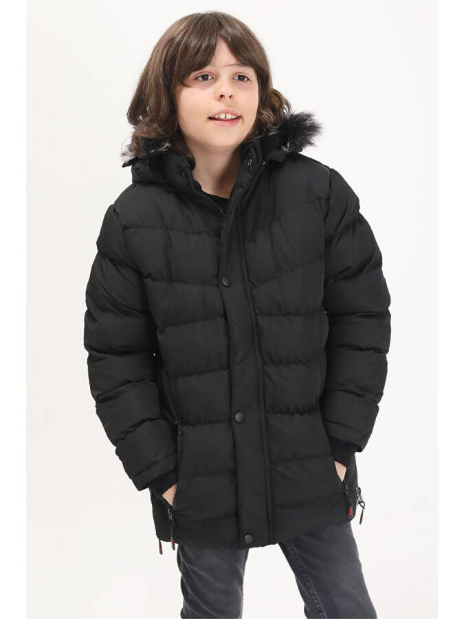 Boys' Logo Printed Black Puffer Jacket 15488 - 7