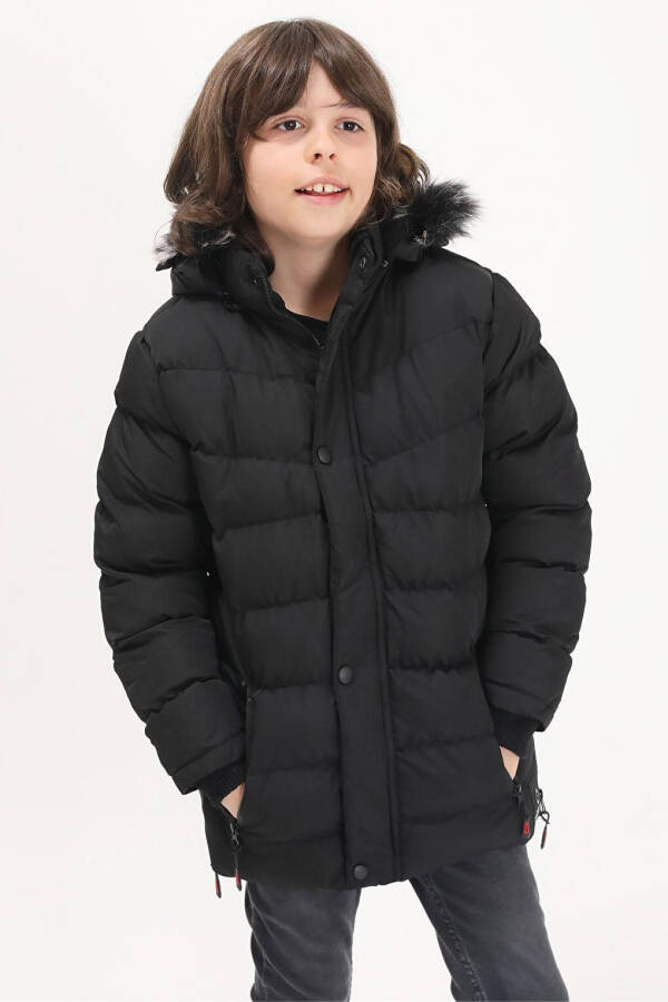 Boys' Logo Printed Black Puffer Jacket 15488 - 12