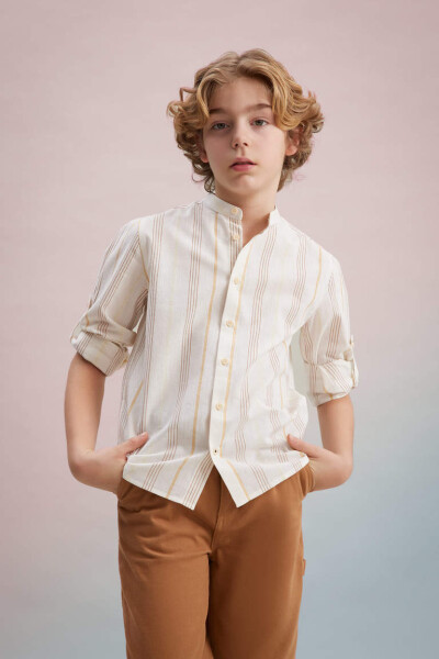 Boys' Long Sleeve Button-Down Shirt Sand - 3