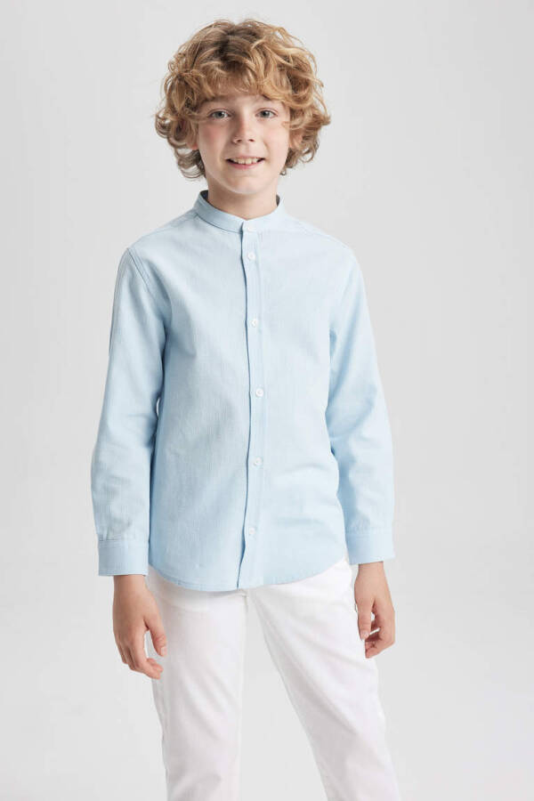 Boys' Long Sleeve Button-Down Shirt with Textured Fabric, Light Blue - 1