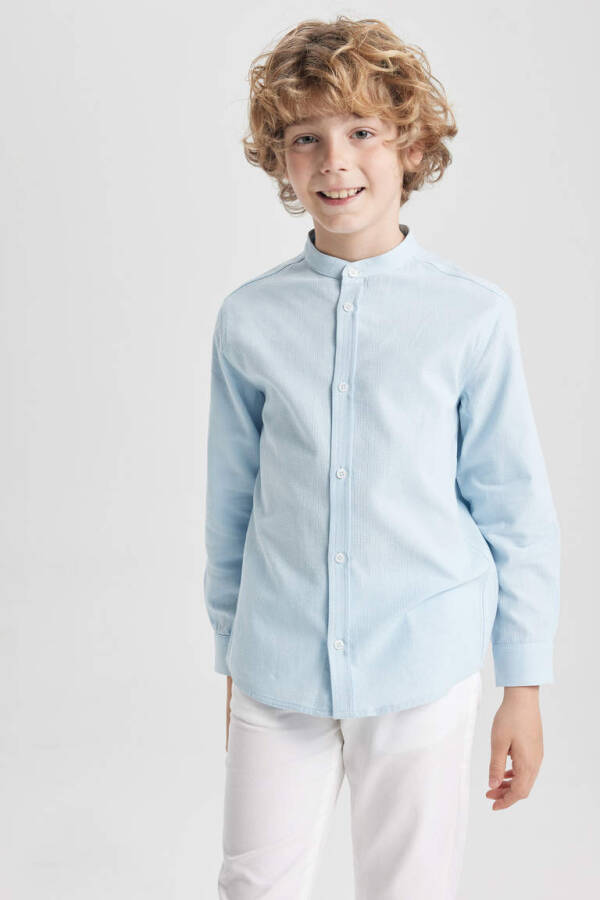 Boys' Long Sleeve Button-Down Shirt with Textured Fabric, Light Blue - 3