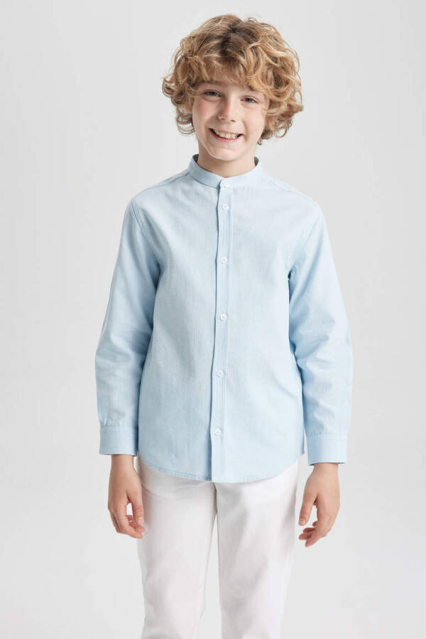 Boys' Long Sleeve Button-Down Shirt with Textured Fabric, Light Blue - 4