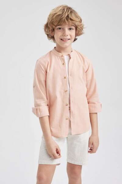 Boy's Long Sleeve Linen Look Dress Shirt with Collar, Salmon - 4