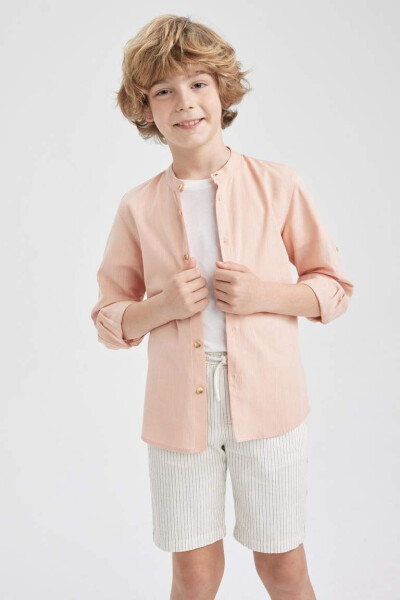 Boy's Long Sleeve Linen Look Dress Shirt with Collar, Salmon - 7