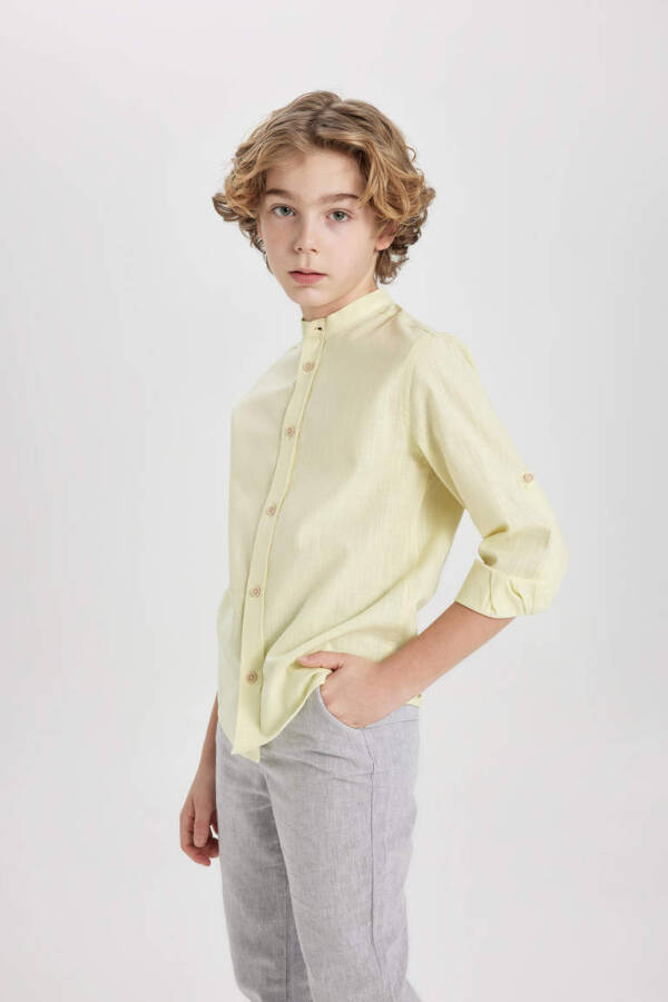 Boys' Long Sleeve Shirt with Stand Collar, Light Yellow - 1