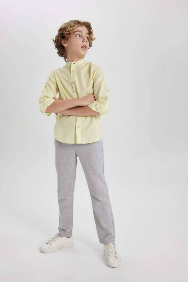 Boys' Long Sleeve Shirt with Stand Collar, Light Yellow - 2