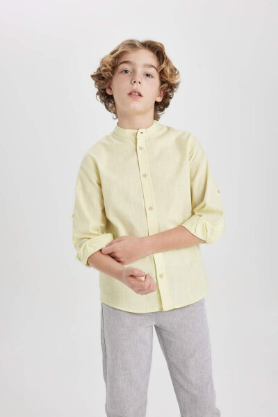 Boys' Long Sleeve Shirt with Stand Collar, Light Yellow - 4