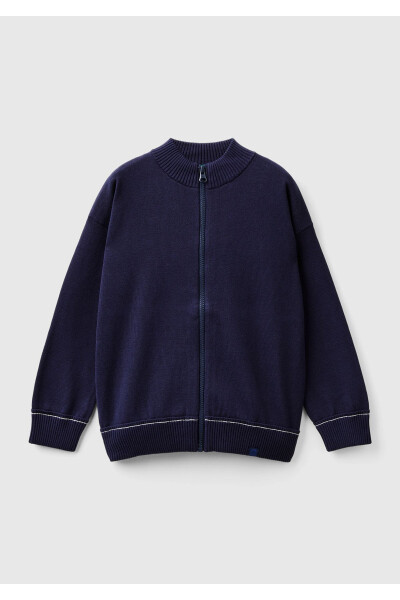 Boys' Navy Blue Cardigan with Logo Detail, Zipper and Stand-up Collar - 1