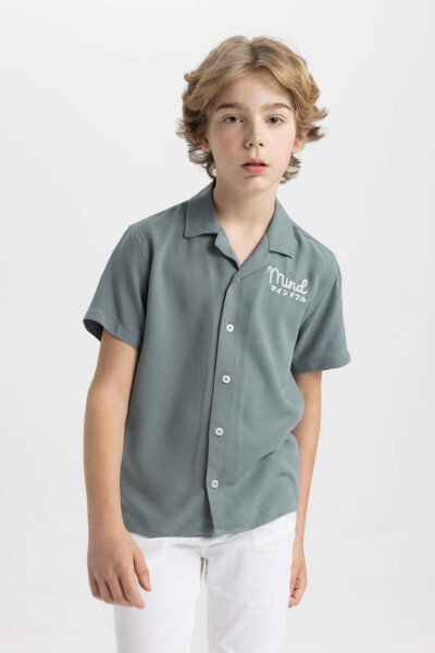 Boys Oversize Fit Polo Collar Viscose Short Sleeve Shirt Khaki - 1