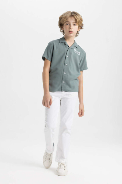 Boys Oversize Fit Polo Collar Viscose Short Sleeve Shirt Khaki - 2